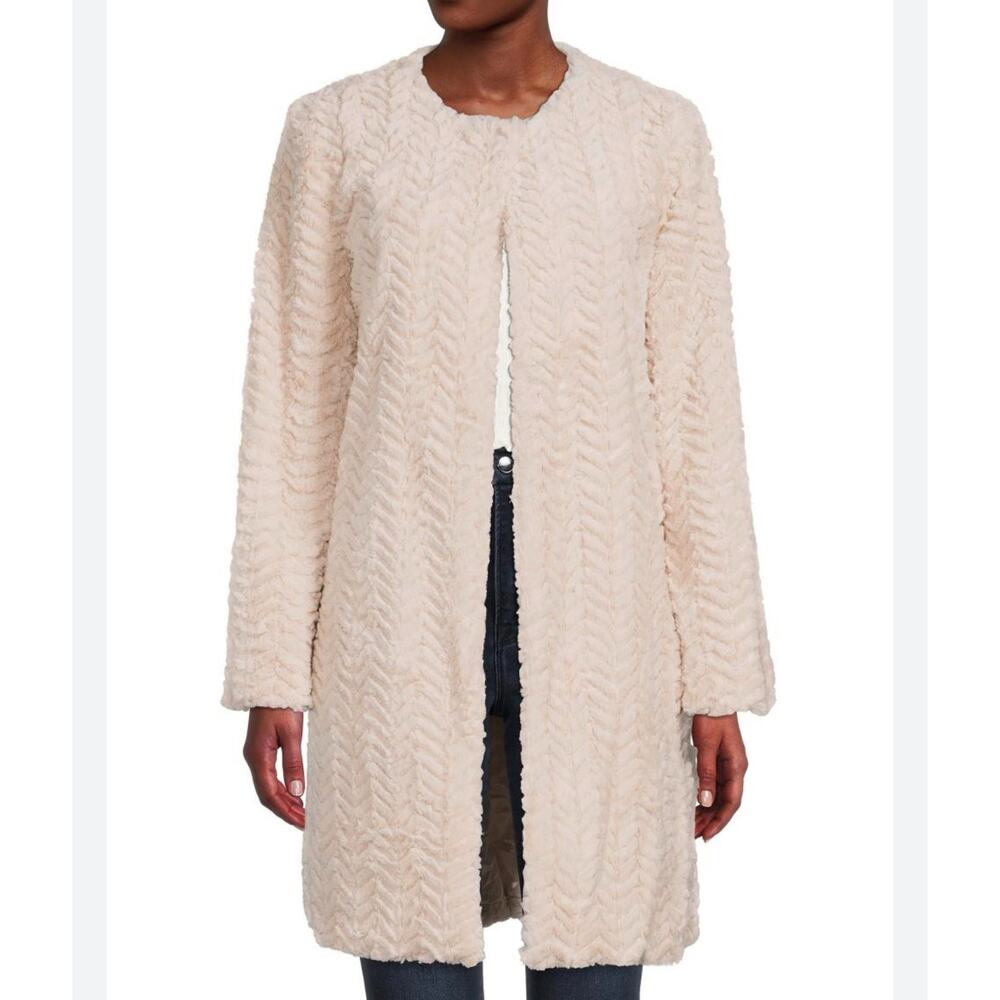 CARMEN MARC VALVO Women's Coat Chevron Textured Faux Fur Overcoat Beige, Sz XL